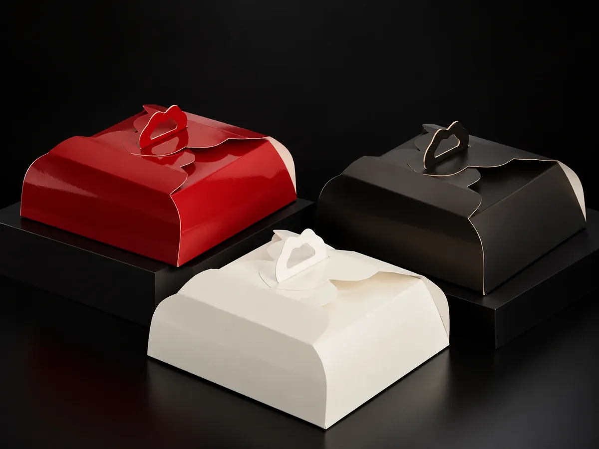 Scatole torta con manico rosse, nere e bianche