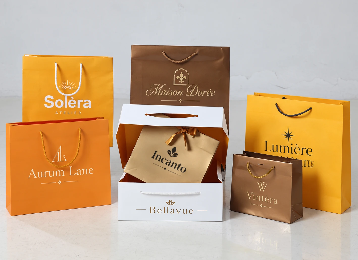 Shopper arancio, oro e bronzo con loghi stampati