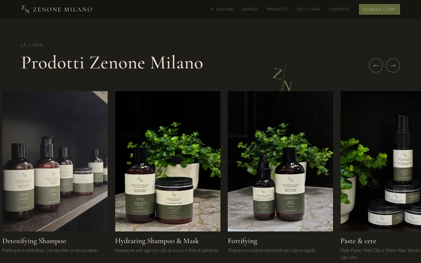 Sezione Prodotti Zenone Milano: shampoo e lozioni con etichette crema e verde oliva