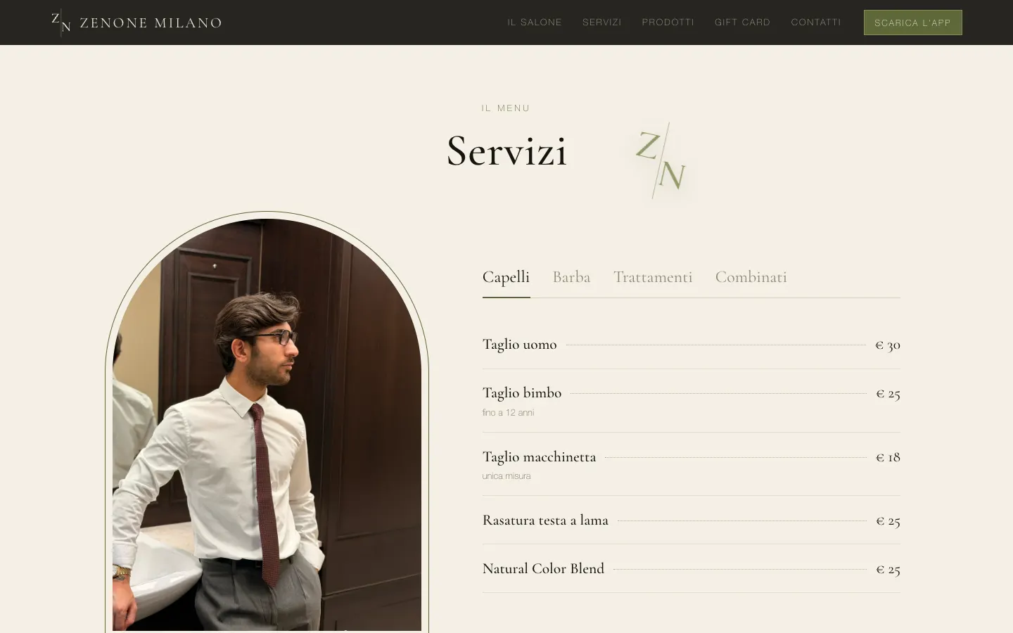 Sezione Servizi: menu con prezzi diviso in Capelli, Barba, Trattamenti e Combinati