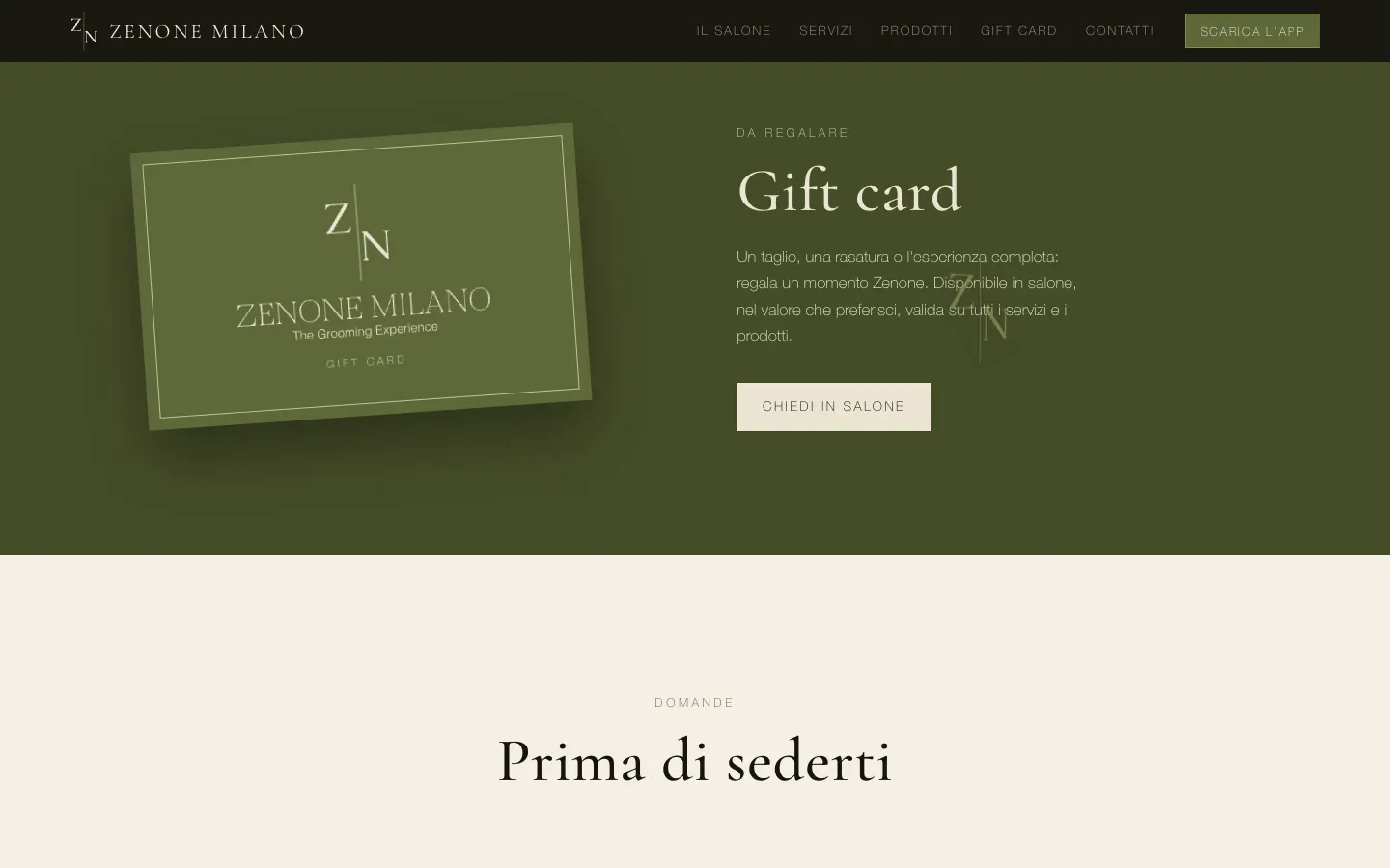 Sezione Gift card: carta regalo verde oliva con il logo Zenone Milano