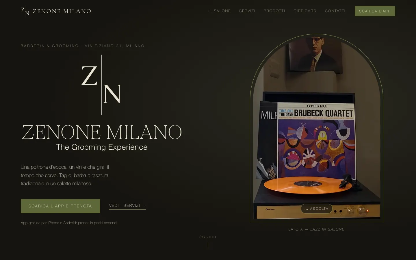 Sito Zenone Milano sul computer: monogramma Z|N, titolo e giradischi con vinile arancione