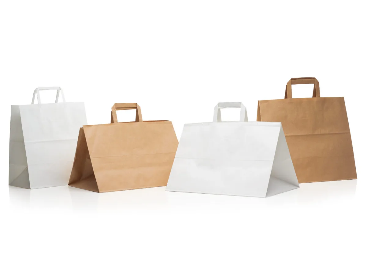 Shopper take away in carta bianca e avana con manico piattina